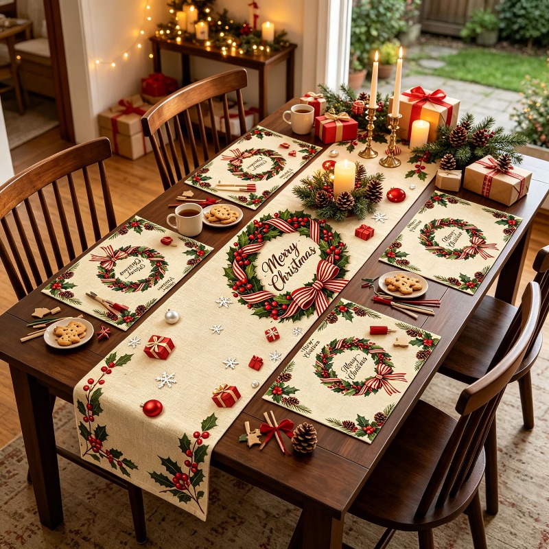 Christmas Table Runner - 5pcs Christmas Wreath Printed Table Runner