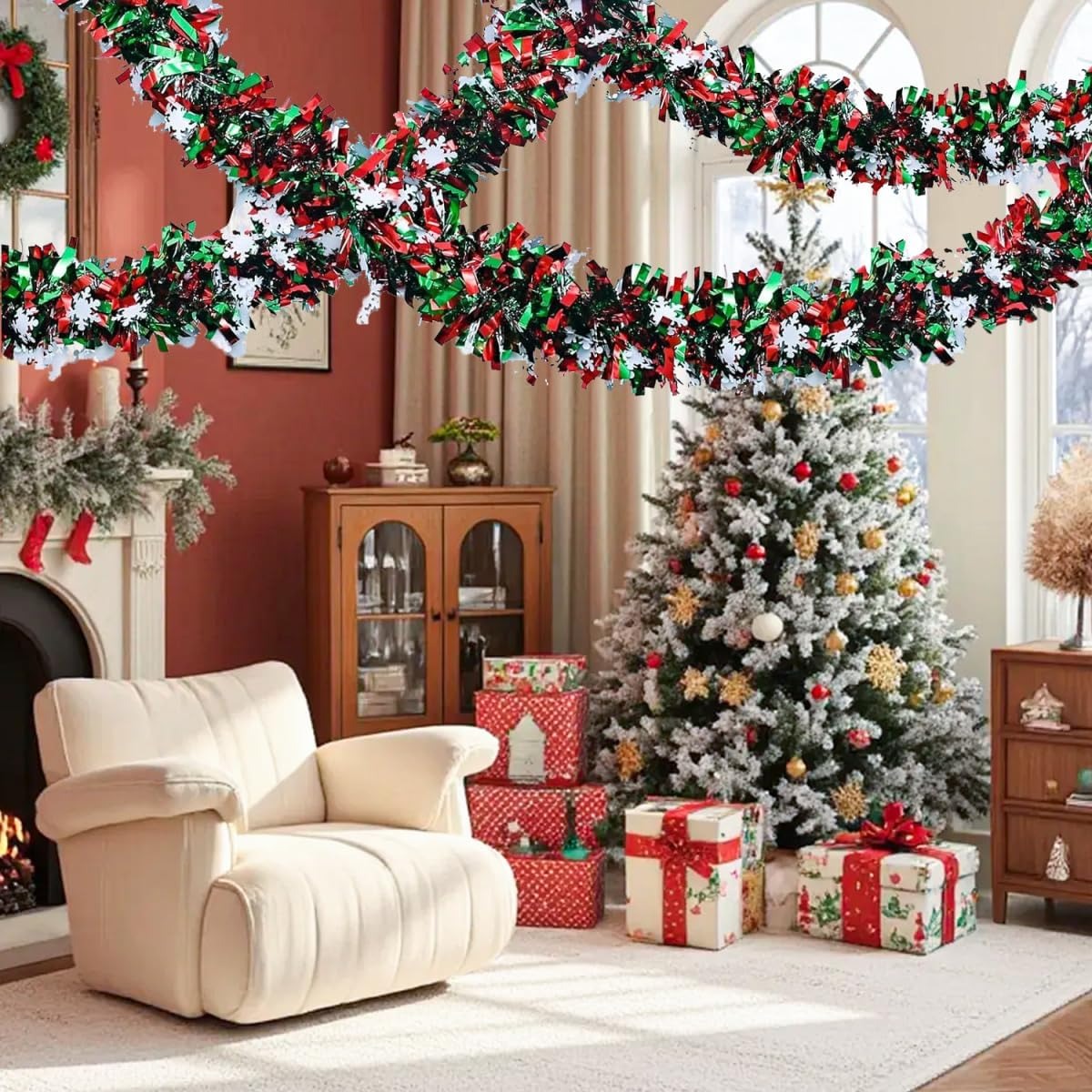 6.56 Feet Green Red Christmas  - Tinsel Garland Decoration 评论和价格