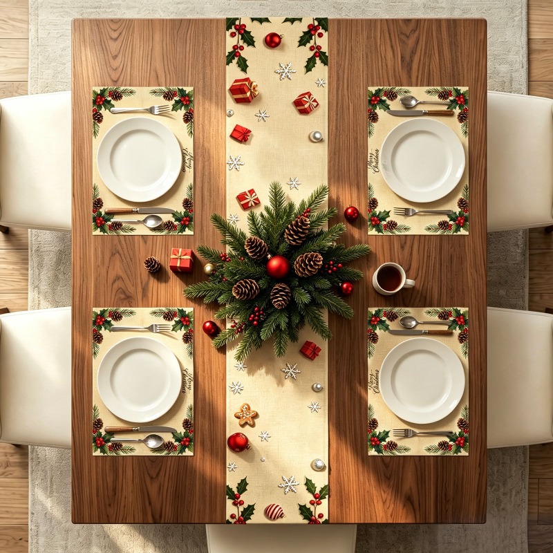 5pcs Christmas Wreath Printed  - Christmas Table Runner 评论和价格