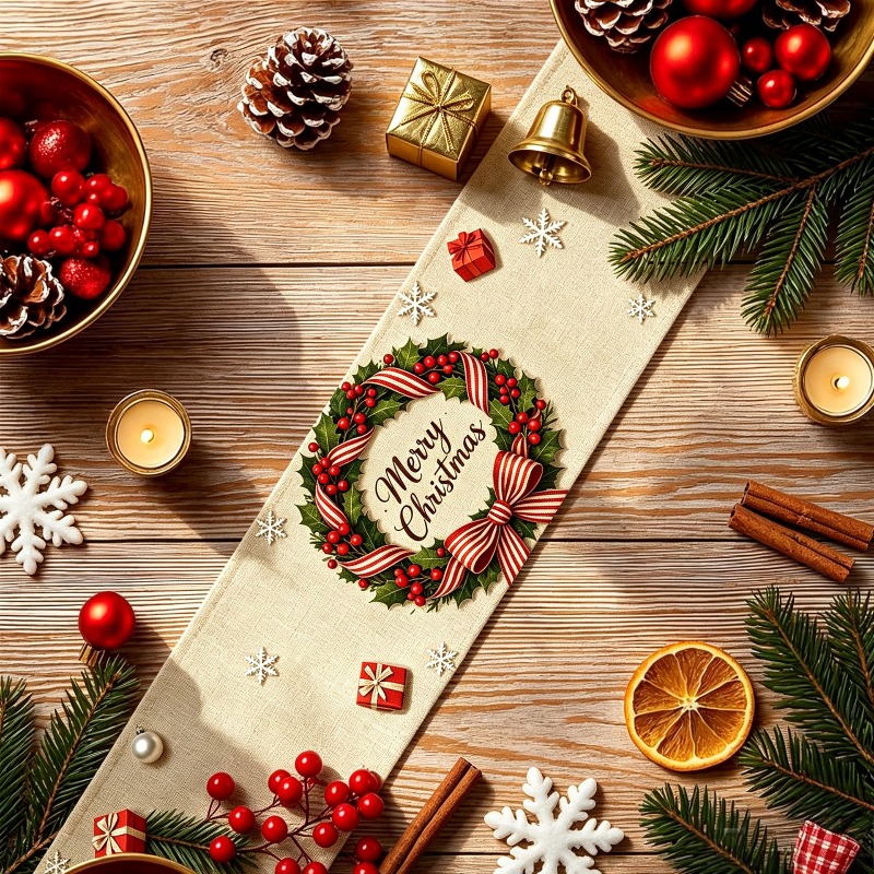 5pcs Christmas Wreath Printed  - Christmas Table Runner 评论和价格